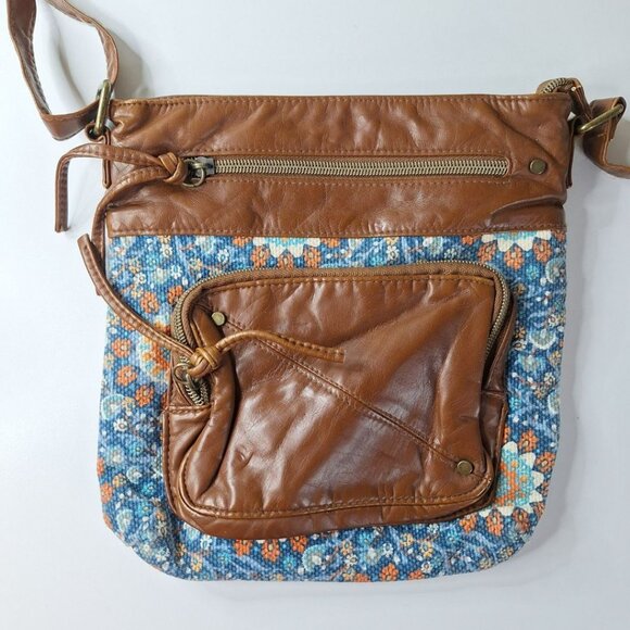 Crossbody Leather Cloth Purse Handbag Floral Zipper Pockets Adjustable Strap - Picture 1 of 12